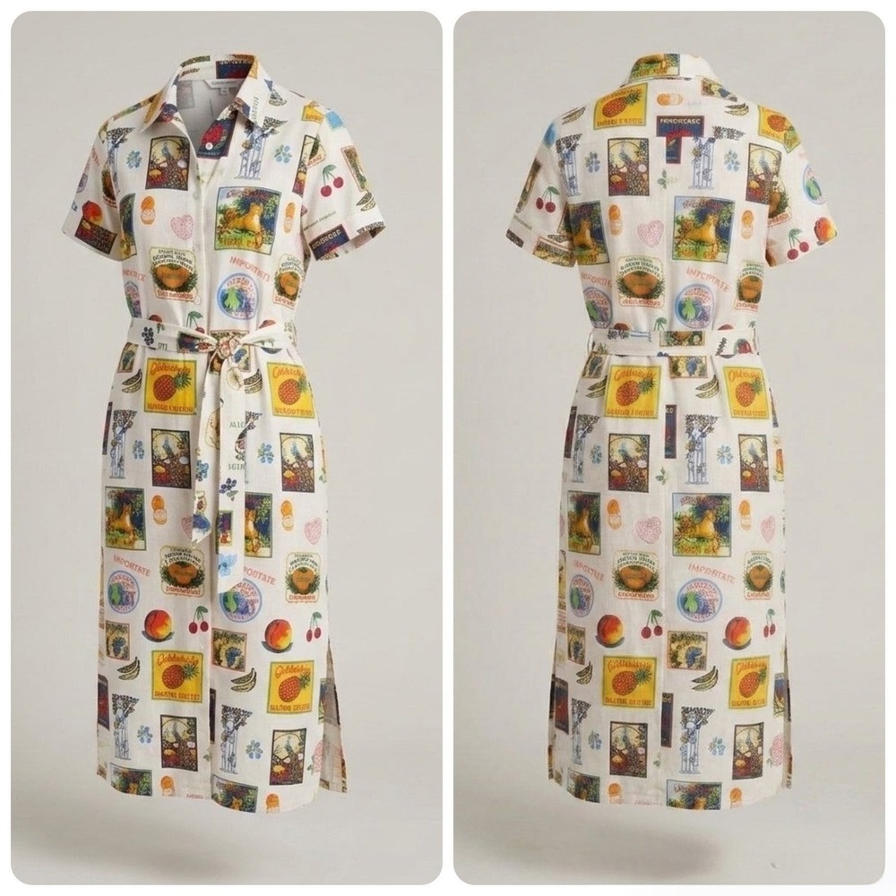 Jane + Delancey Shirt Dress Rayon Linen Tropical Fruit Label Print Belt Pocket M